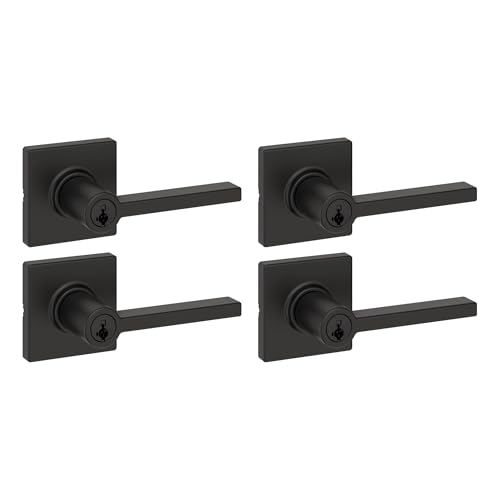 Image of Kwikset Casey Entry Door Handle with Lock and Key, Secure Keyed Reversible Lever Exterior, for Front Entrance and Bedrooms, Matte Black, 4 Pack, Pick Resistant SmartKey Rekey Security and Microban
