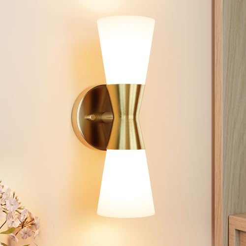 Image of Bathroom Wall Sconce, Modern Indoor Vanity Light Fixtures, Up Down Lighting, Wall Mount Lamp for Living Room Bedroom Hallway Stairway Fireplace Mirror E26 Base (White & Gold - 1pack, 13inch)