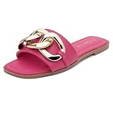 Shoe Land Women's Flat Sandals - Square Open Toe Single Band Fashion Slides with Metal Chain Dressy 2025 Trendy | Comfortable Slippers with Cushioned Footbed for Summer, Fuchsia, Size 7.5, Emma