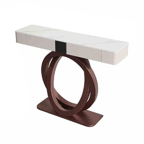Mesa Consola Moderna para Entrada con 2 Cajones, Mesa Auxiliar Estrecha para Sala de Estar, Elegante Auxiliar para Recibidor con Base Metálica de Doble Círculo ( Blanca, 100 CM / 39, 4 Pulgadas )