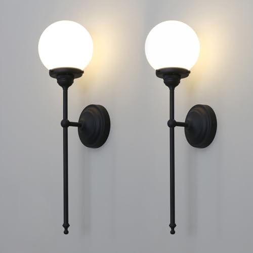 Image of Yosoan Indoor Milk Glass Wall Sconce Set of 2, Brass Modern Vintage Industrial Fixture Lights Hardwired with Round Glass Shade Lamp for Bathroom Mirror Living Room Bedside Bedroom Hallway(Black)