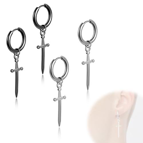 XENQITO 2 Pares Aros Pendientes Hombre Acero Inoxidable Pendientes Aro Punk Colgantes Cruz Pendiente Aros Hombres Aretes Negro, Atractivos Diseños, para Hombres Mujeres Negro y Plata