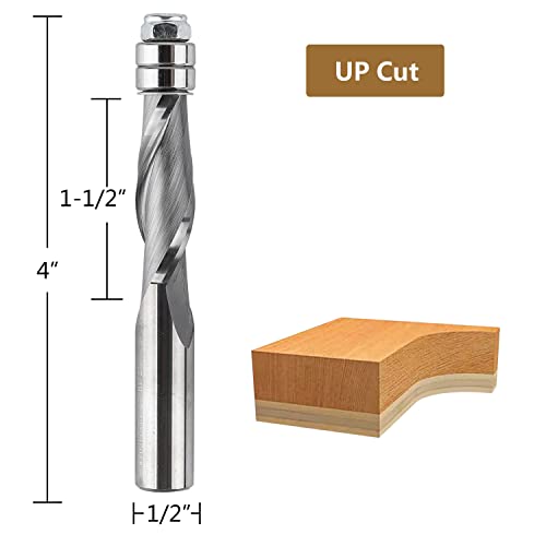 Spetool Upcut Spiral Flush Trim Router Bit, 1/2" Shank 1-1/2" Cutting Length Extra Long 4", Solid Carbide Flush Trim Router Bits Spiral With Bearing For Trimming Wood Veneer Acrylic #TOP1