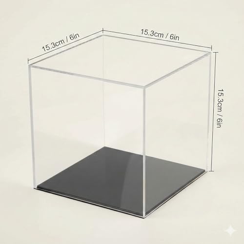 Image of Fully Assembled Acrylic Display Case with Black Base, Clear Cube Dustproof Acrylic Display Box for Collectibles, Alternative Glass Case with Black Stand for Display, 6x6x6Inch