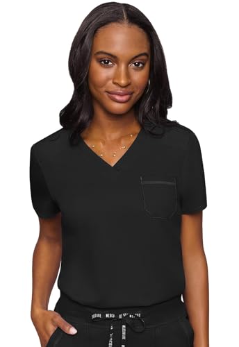 Med Couture Women's V-Neck Scrub Top, Modern Fit Tuck-in Top with Stretchy Rib-Knit Shoulders and Chest Pocket - MC7448