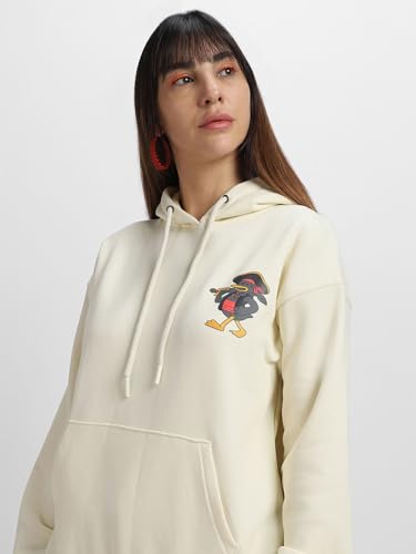 Image of JUNEBERRY Cotton Poly Fleece Oversized Fit Black, Green, Magenta, Mustard, Orange, Purple, Blue, Off White & Grey Graphic Printed Full Sleeve Hoodie for Women