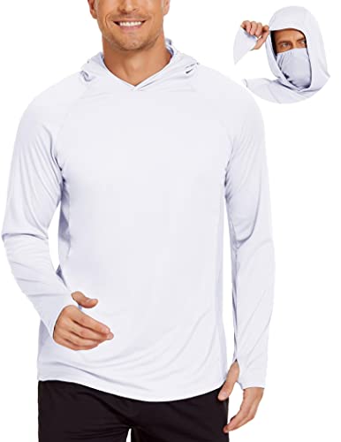Men's UPF 50 Sun Protection Hoodie with Mask Long Sleeve Thumbholes Neck Gaiter Athletic Hoodies UV Rash Guard Fishing Shirts White