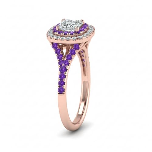 Image of Choose Your Gemstone Delicate Double Halo Diamond CZ Ring Rose Gold Plated Princess Shape Halo Engagement Rings Matching Jewelry Wedding Jewelry Easy to Wear Gifts US Size 4 to 12