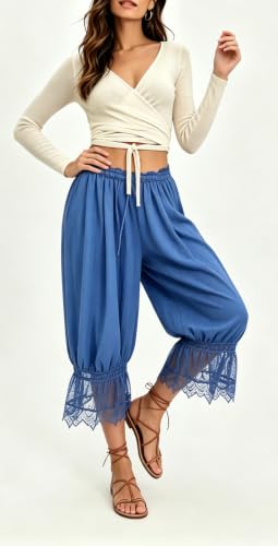 Image of UAURORAO Women Lace Trim Bloomer Pants Flowy Culottes Pantaloons Bloomers