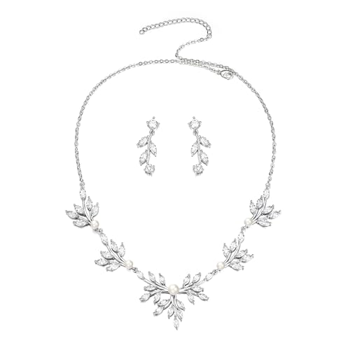 Image of EVER FAITH Wedding Cubic Zirconia Jewelry Set for Women, Marquise White Simulated Pearl Floral Vine Bridal Prom Necklace Earrings for Bride