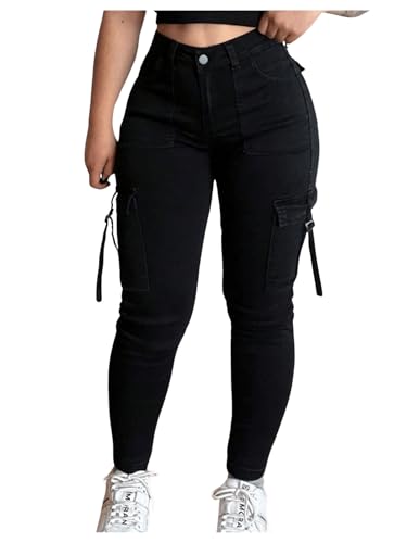 MakeMeChic Women's Zipper Fly Cargo Jeans Skinny Y2K Denim Pants Teousers with Pockets
