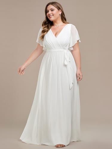 Image of Ever-Pretty Women's V Neck A Line Ruched Ruffles Sleeves Chiffon Floor Length Plus Size Bridal Dresses White US20