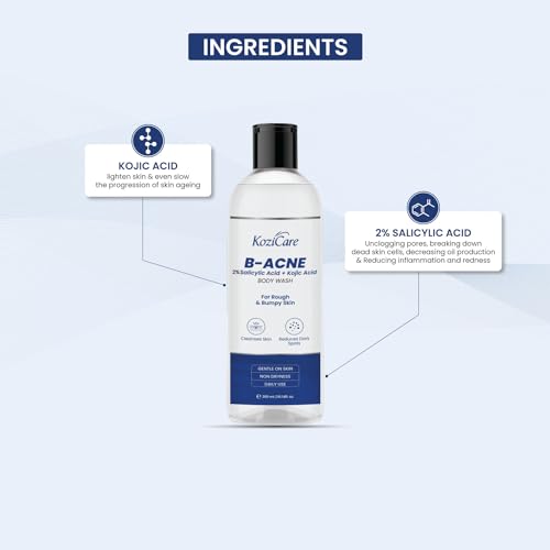 Kozicare Soap B-Acne Body Wash Gel|Kojic Acid |Shower Gel for Men & Women|Reduces Dark Spots, Cleanses Skin & Exfoliates Acne|Salicylic Acid|For All Types of Skin-300 Ml