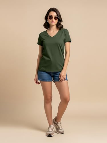 Image of JUNEBERRY Cotton Lycra Regular Fit V- Neck Solid Core Half Sleeves T-Shirt for Women & Girls (Colors Available: Black, Green, Magenta, Blue, Orange & Limeade)