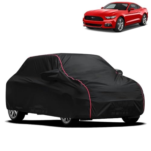 Image of Waterproof Car Cover for Ford Mustang | All-Weather Protection, Dustproof & UV Resistant | Triple Stitched Mirror Pockets, Windproof Buckle Strap with Elastic Hem, Black-Red Piping