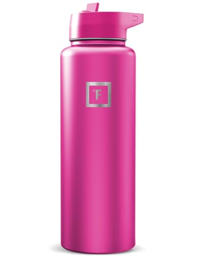 Image of IRON FLASK Camping & Hiking Hydration Flask with Straw, Wide Mouth Insulated Stainless Steel Sports Water Bottle - Pink Tulip 40 oz - Straw (1 Lid)