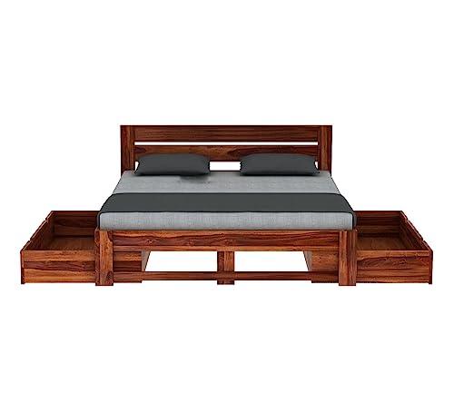 Image of MURARAKA ARTWooden Queen Size Cot with Drawer Storage - Solid Wood Queen Bed - Cot Akka Bed - Stylish Bedroom Furniture (Queen, Denzel, Honey Finish)