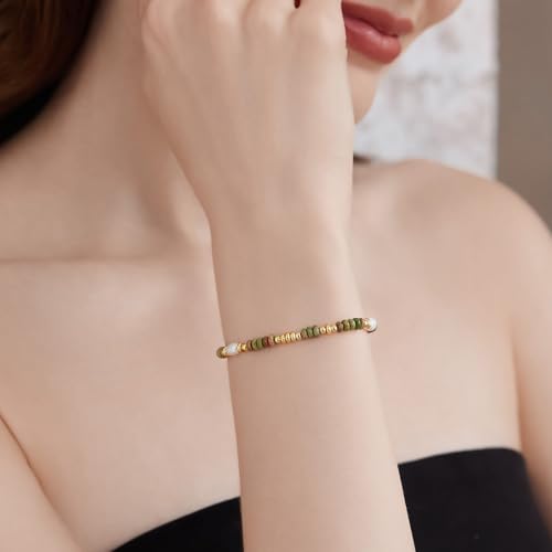 Cicy Bell Beaded Bracelets for Women, 14k Gold Plated Apatite Boho Bracelets, Epidote Shell Pearl Bracelets, Trendy Jewelry Gifts for Lover Mom Friends3