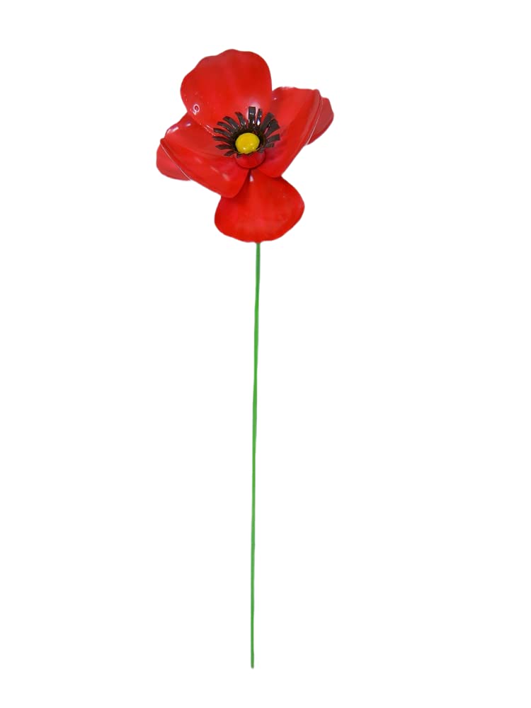 Thai Gifts Red Handcrafted Single Metal Poppy Flower Garden Ornament, 45Cm Tall - Outdoor Garden Decorations For Borders, Pots, Flower Beds & Memorials - Unique, Fairly Traded Garden Décor - One Flower