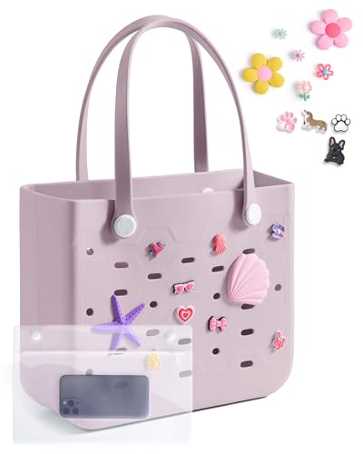 BAGSMART Beach Bag for Women Water-resistant Rubber Tote Bag Sandproof Vacation Essentials for Summer Swim Cruise Pool Purple Breeze Medium
