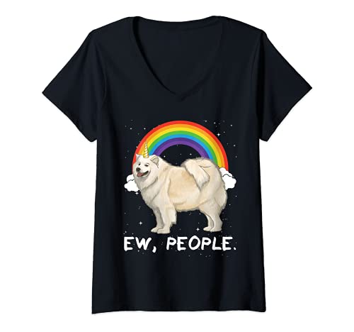Womens Rainbow Samoyed Ew People Unicorn Dog V-Neck T-Shirt, Black