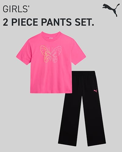 Image of PUMA Girls' Pants Set - 2 Piece Short Sleeve Crewneck Fashion Graphic Tee Shirt and French Terry Flare Pants for Girls (7-14)