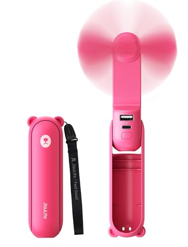 JISULIFE Mini-Handventilator, 3-in-1, wiederaufladbarer USB-Ventilator [12–19 Arbeitsstunden] mit Powerbank, Taschenlampe, Taschen-Design für Reisen/Sommer/Konzerte/Wimpern, Geschenke für Frauen 1