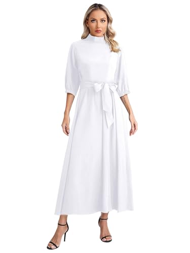 FEESHOW Women Church Dresses Mock Neck Clergy Gown Maxi Long Dress Work Wear Business Dress with Belt