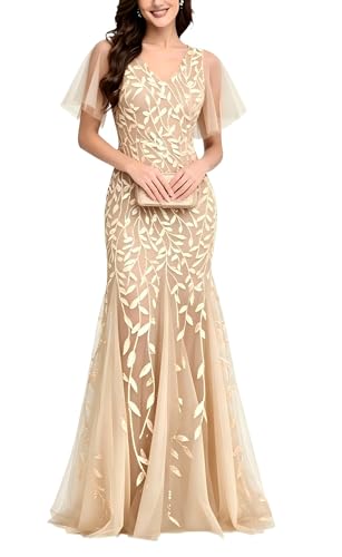 YHHOWEP Women Sparkle Dress Glitter Sequin Embroidery Tulle Bodycon Elegant Dressy Mermaid Ruffles...