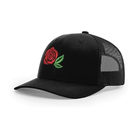 DEKIFNHG Red Rose Flower Embroidered Trucker Hat, Adjustable Snapback Mesh Baseball Cap, Hip Hop Men Women Dad Hat Cover