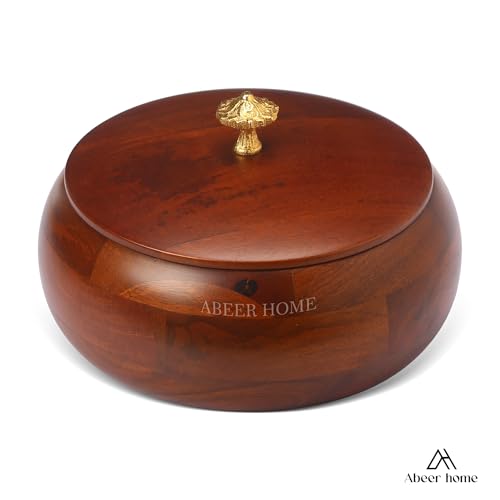 Image of Handcrafted Premium Wooden Roti Casserole - 9 x 9 x 4 Inches | Hot Roti Case & Chapati Box For Kitchen & Dining | Chapati Serving Hotbox Serveware With Gold Embossed Knob