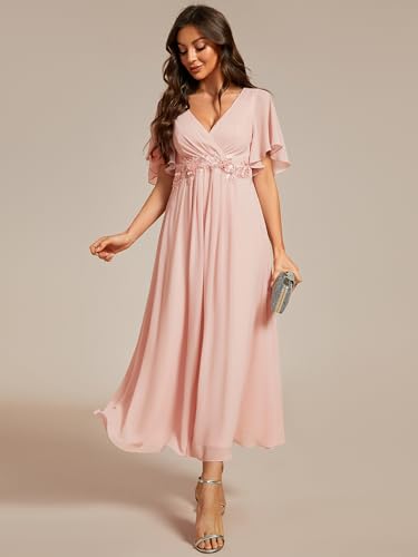 Ever-Pretty EG02093PK10-USA Women'S V Neck Chiffon Ruched Applqiue A Line Tea Length Semi Formal Dresses Pink Us10 thumb #2