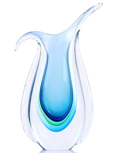 Blown Glass vase, Unique Murano Style Glass Art Deco vase for Living Room TV Stand, Table Setting, Office, Room and Desktop Decorations and Ornaments.