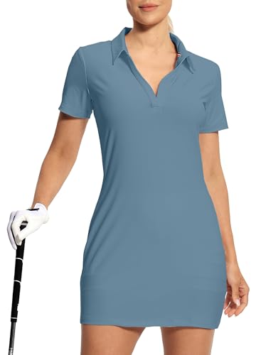 Image of Hiverlay Golf Dresses for Women with Shorts and Pockets, V-Neck Short Sleeve Tennis Dress, Workout Athletic Dresses