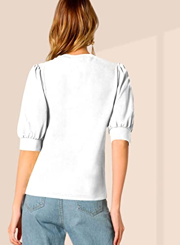 Image of Dream Beauty Fashion Women's Puff Sleeve Round High Neck Top Balloon Bishop Sleeve Elegant Casual Tee (23 inch Inches)- (Top Sofia P)