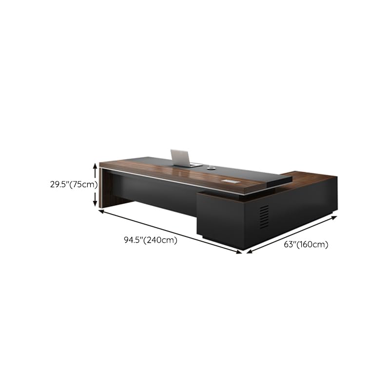 Chefschreibtisch mit Holzplatte und eingebautem CPU-Speicher, Cheftisch, Computer-Wohnmöbel, Schubladen – ohne Stühle, Schrank auf der rechten Seite, 240,6 cm L x 160,2 cm B x 74,9 cm H