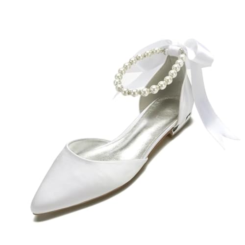Women Satin Pearls Wedding Flats Shoes for Bride Pointed Toe Prom Evening Bridal Party Dress Flats