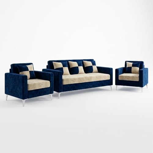 Image of FURNY Lushwood 3 Seater + 1 Seater + 1 Seater Sofa Set (Dark Blue-Cream) | Premium Suede Velvet Fabric Finish | Silver Metal Legs | Durable Comfort Sofa for Modern Living Room & Office Spaces