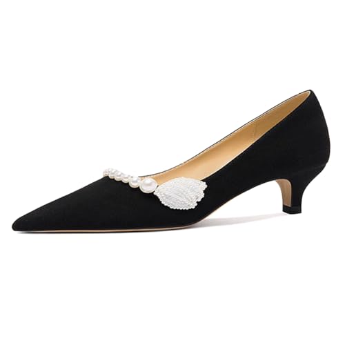 Women Fashion Pearls Bead Pumps Slip On Closed Pointed Toe Kitten Low Heels Evening Club Party Shoes Size 4-16 US