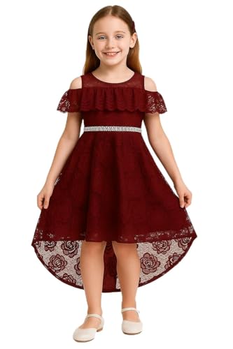 Girls Off Shoulder Hi-Lo Floral Lace Rhinestone Flower Girl Swing Summer Dress USA 4-16
