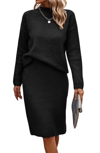 Women 2 Piece Knit Sweater Skirt Set Midi Sweater Dress Long Sleeve Pullover Bodycon Knitted Skirt Set Outfit