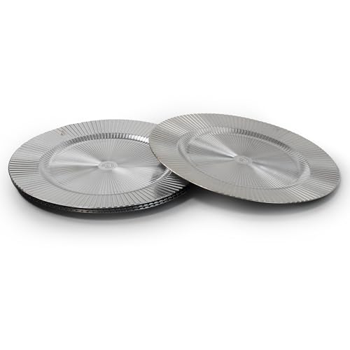 Rammento 4-Pack 33cm Plastic Charger Plates, Silver Stripe | Decorative Tableware Underplates for Dinner Plates | Round Placemats for Table Decorations | Durable & Reusable Dinnerware Plate Set for 4
