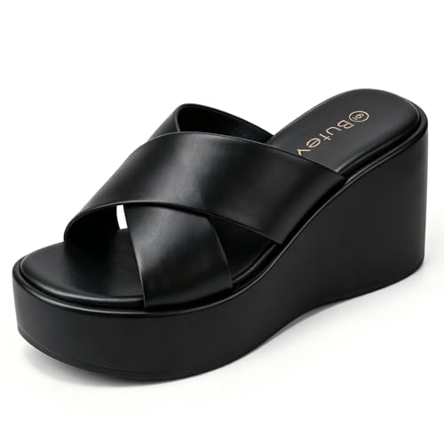Butevar Wedge Chunky Platform Womens Sandals Crisscross Band Upper Black Slides Open Toe Fashion Summer Sandals for Women, Black, 9