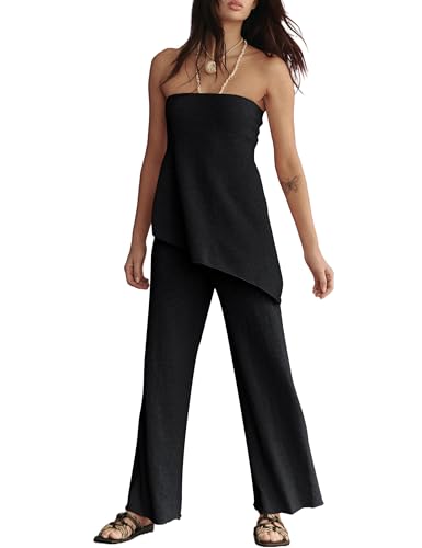 Image of Women Summer Knit Sweater Sets Sexy Tube Top and Loose Pant Lounge Matching Set 2025 2 Piece Outfits