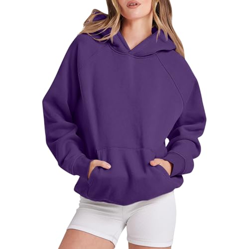 Sudadera con capucha suelta de forro polar básico para mujer, manga larga, bolsillo caída, hombro, morado, M