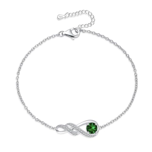 LOCIBLO May Birthstone Bracelets for Women 925 Sterling Silver Green Created Emerald Bracelet White Gold Infinity Pendant Jewellery 6.7+1.2
