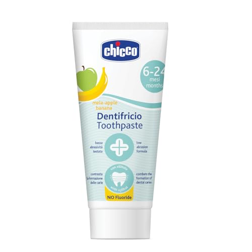 Chicco Dentifricio Bambini Gusto Mela e Banana, Dentifricio per Bambini, Delicato sui Dentini dei Bambini, Bassa Abrasività, Senza Fluoro, Contrasta la Formazione delle Carie, 50 ml, 6-24 Mesi