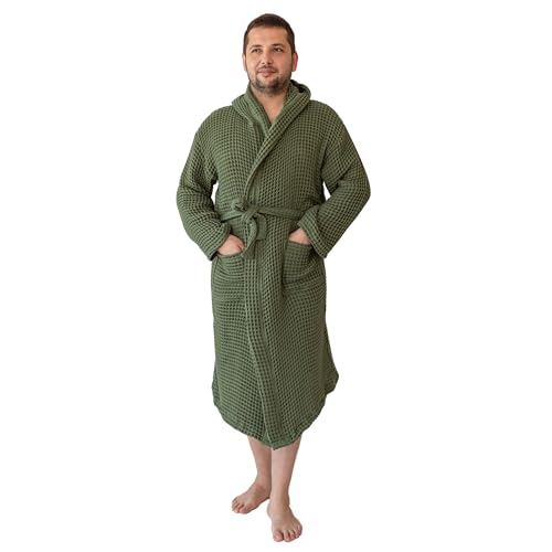 100% Turkish Cotton Men's Waffle Robe with Hooded, Premium Soft Cozy Housecoat or Quick-Dry Bathrobe for Mens