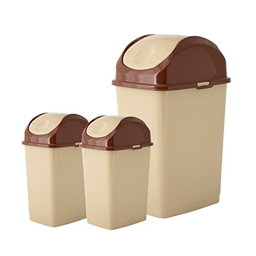 Image of Superio Swing Top Trash Can,Set of 3 Waste Bins for Home, Kitchen, Office, Bedroom, Bathroom, Ideal for Large or Small Spaces - White (Beige 18 qt+2 5 qt)