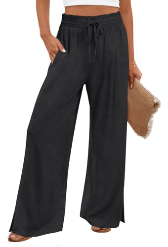 HOTGIFT Women’s Pants Wide Leg High Waisted with Pockets Casual Lightweight Z25-Black X-Large